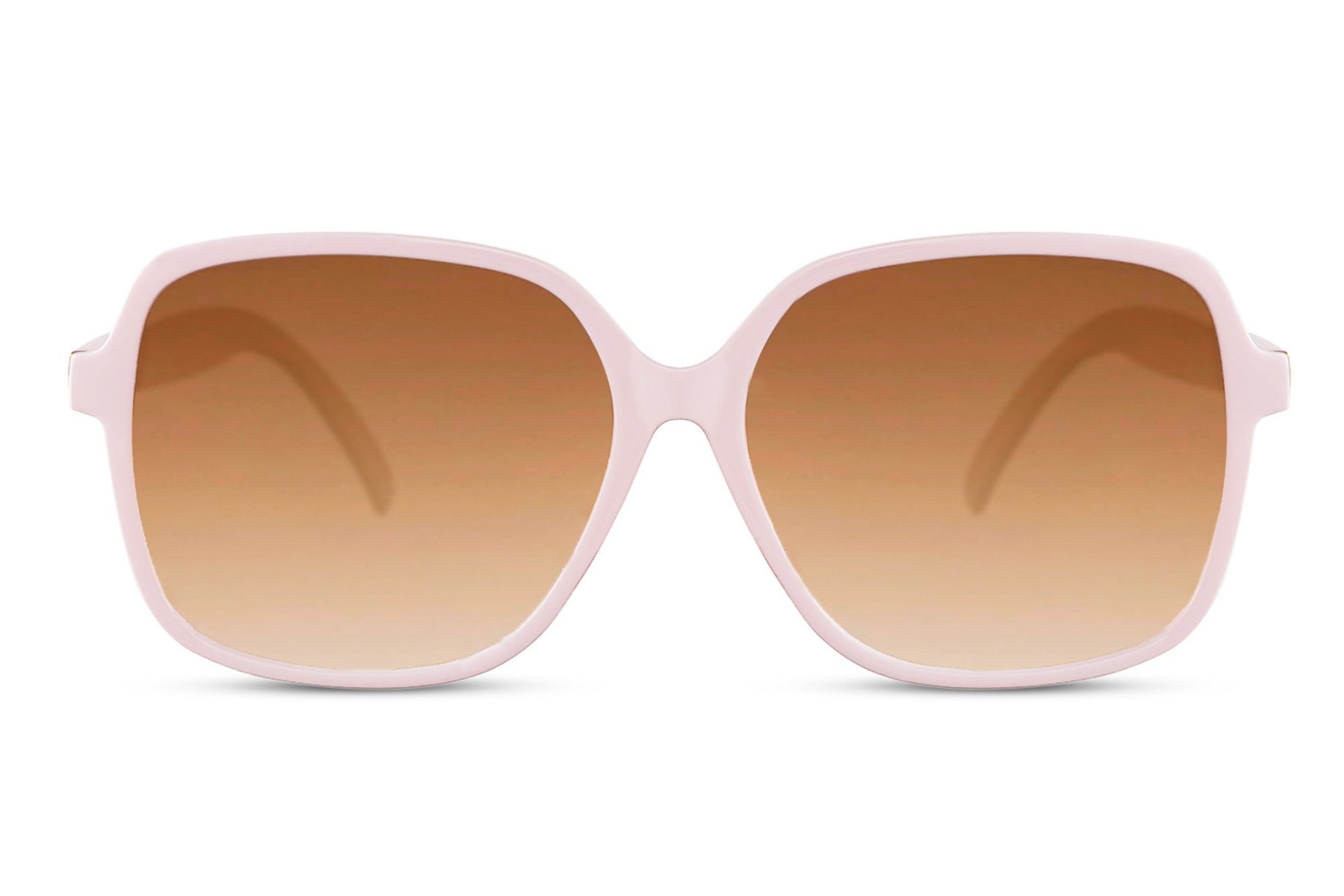 Pink sunglasses with brown gradient lenses on a white background
