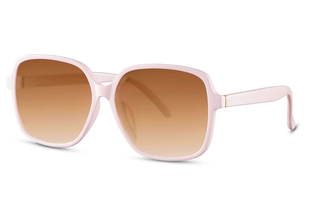Sunglasses with pink frame and brown gradient lenses on a white background