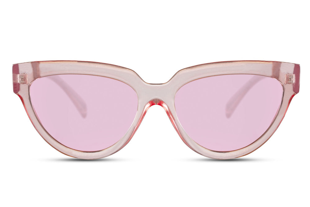 Pink sunglasses with a transparent frame on a white background
