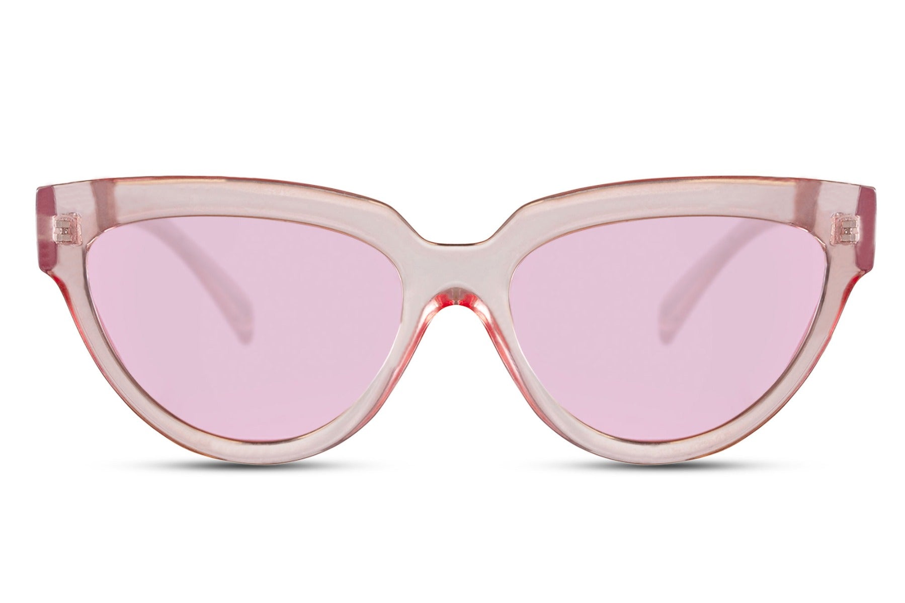 Pink sunglasses with a transparent frame on a white background