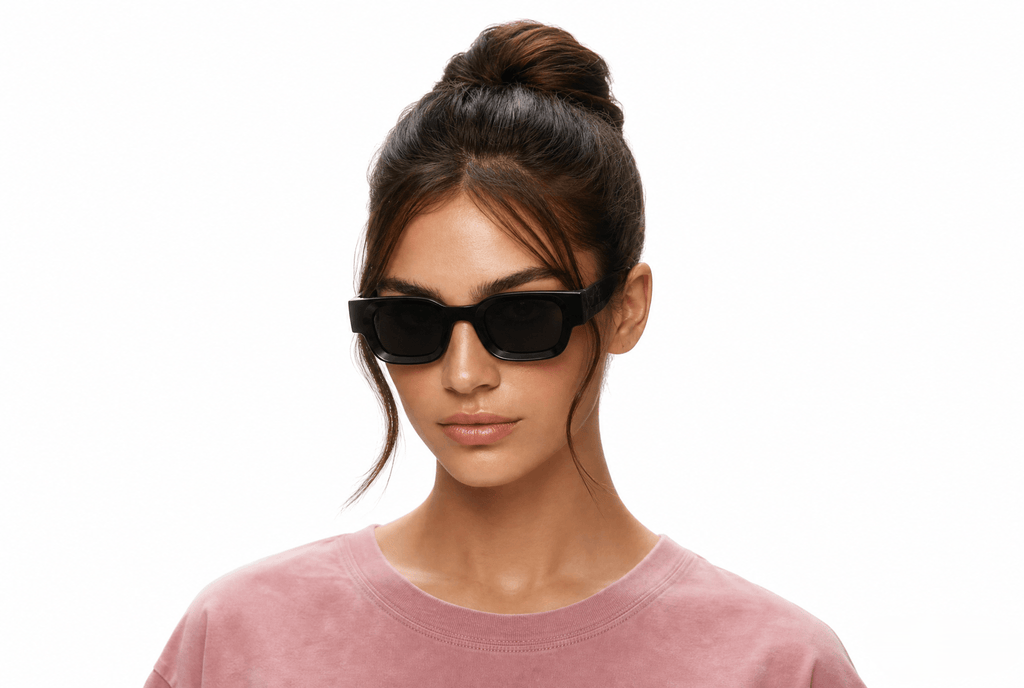 A woman with her hair in a high bun wearing black rectangular sunglasses and a dusty rose crewneck sweatshirt, photographed against a solid white background. Black