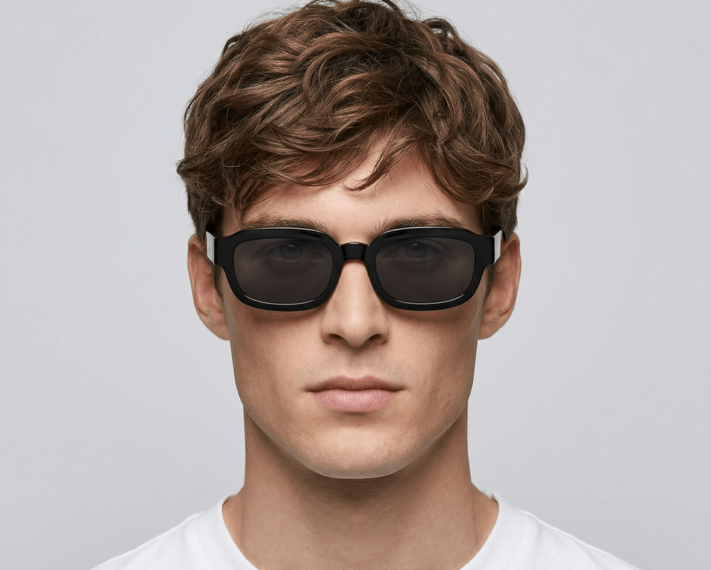 Man wearing dark sunglasses against a gray background Black