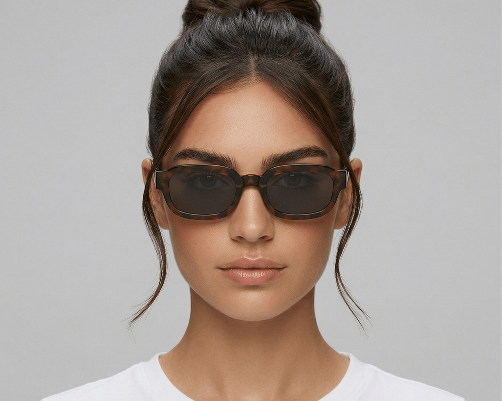 Woman wearing dark sunglasses against a plain background Tortoiseshell
