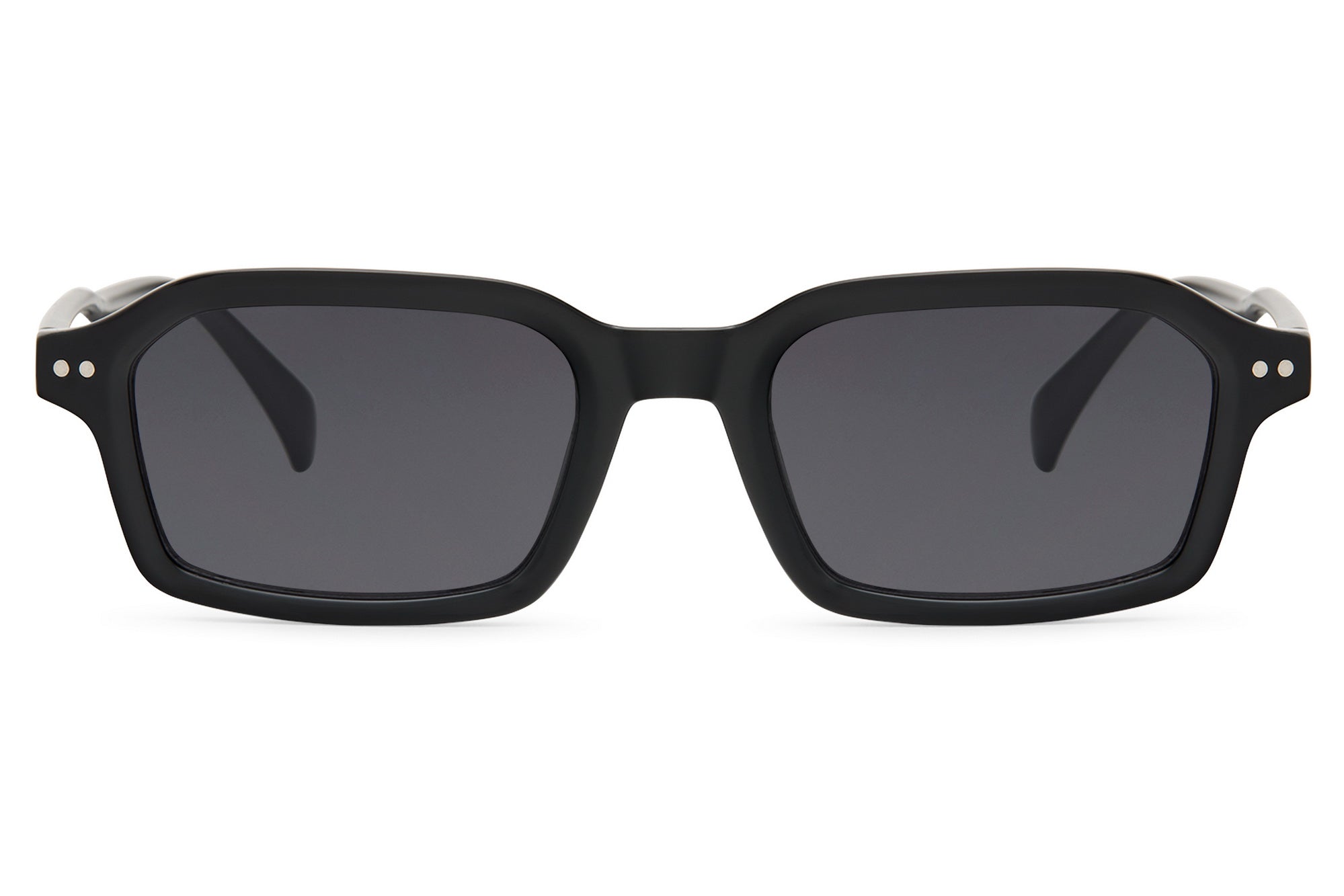 Black sunglasses with silver accents on a white background Black