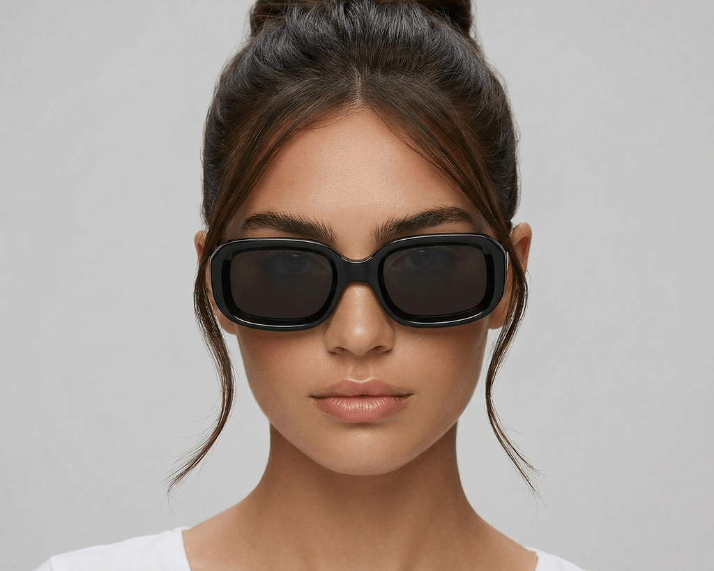 Woman wearing black sunglasses with a plain background Black