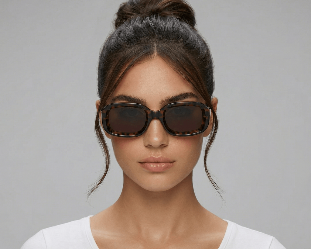 Woman wearing sunglasses with a neutral background Tortoiseshell