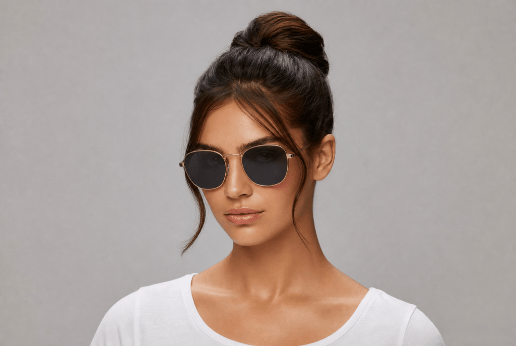 A woman with her hair in a bun wearing round metal-framed sunglasses with dark lenses, set against a plain gray background.