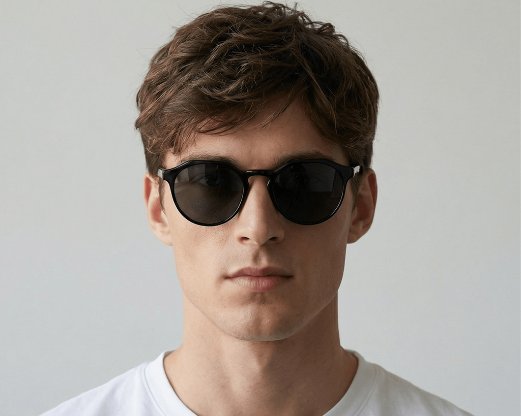 Man wearing dark sunglasses against a plain background