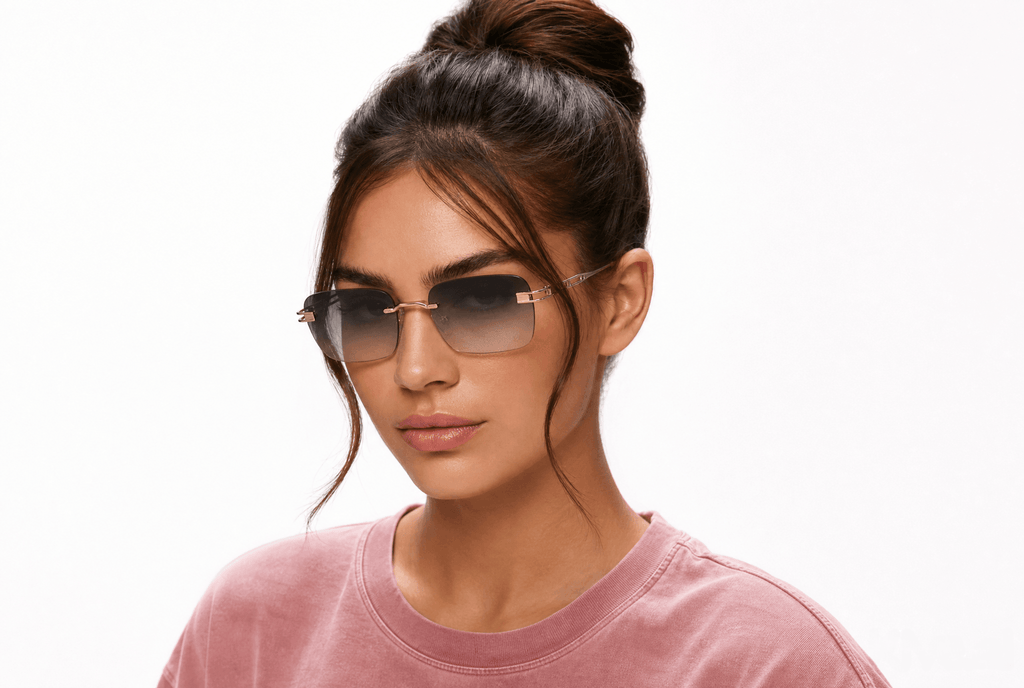 A woman with her hair in a bun wearing rectangular gradient-tinted sunglasses with gold metal frames and a pink t-shirt, photographed against a solid white background. Light gold