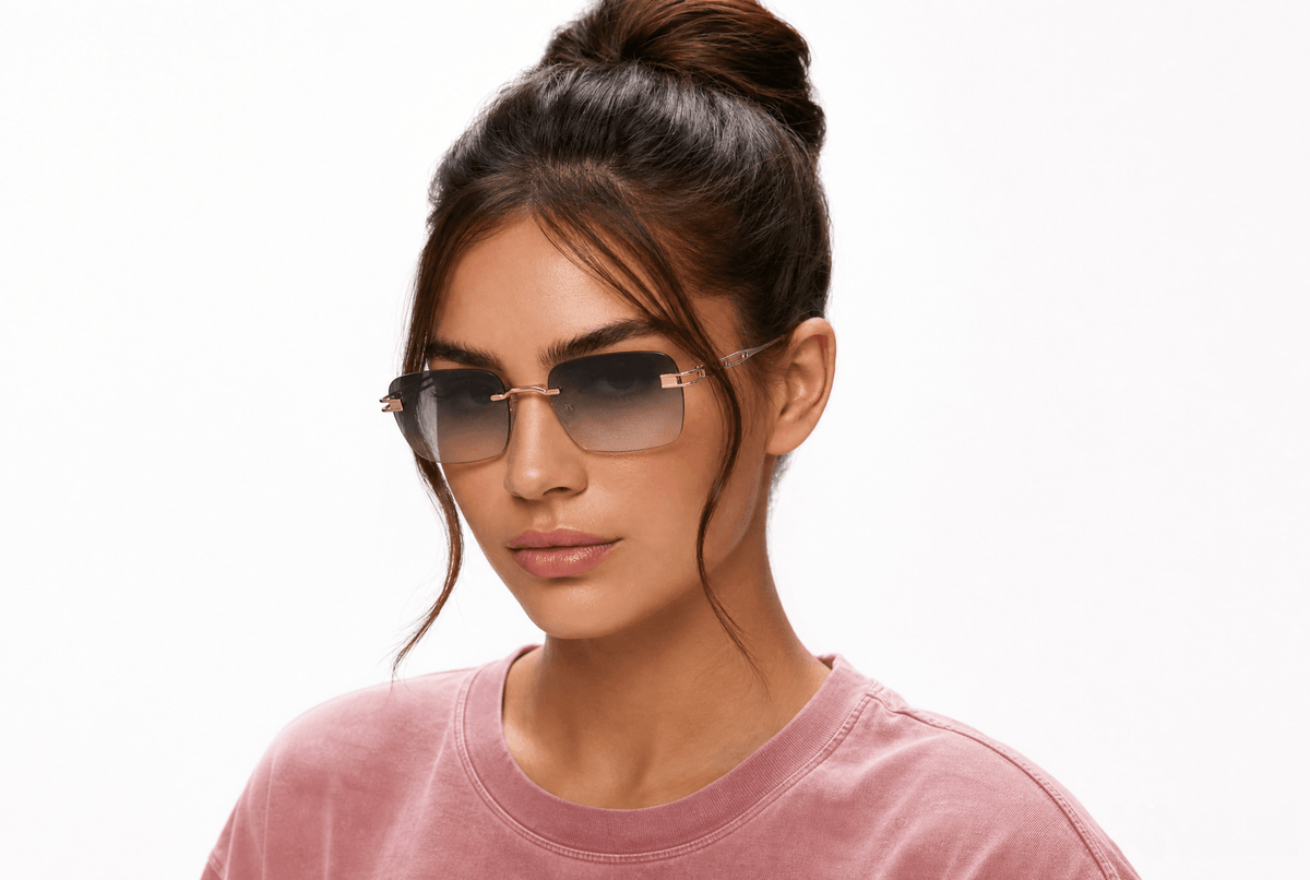 A woman with her hair in a bun wearing rectangular gradient-tinted sunglasses with gold metal frames and a pink t-shirt, photographed against a solid white background. Light gold