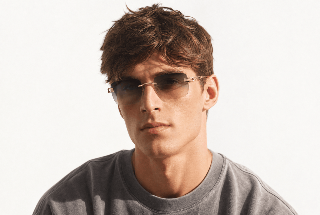 A close-up portrait of a young man with brown hair wearing thin metal rim sunglasses and a gray crewneck sweatshirt, set against a bright white background. Light gold