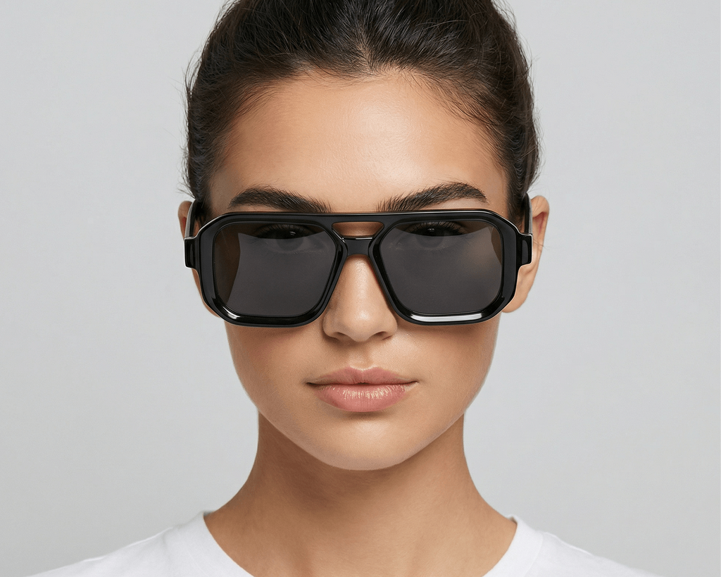 Woman wearing black sunglasses against a plain background Black