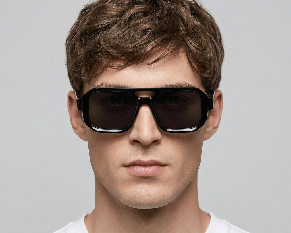 Man wearing dark sunglasses against a gray background Black