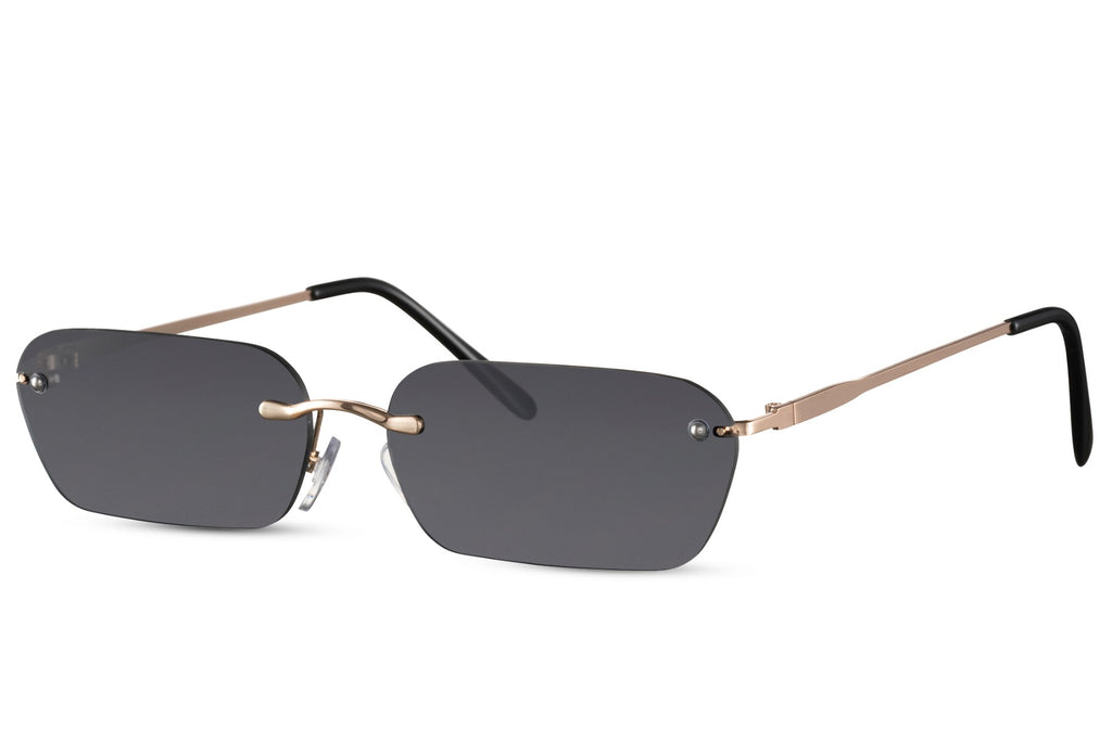 Sunglasses with gold frames and black lenses on a white background