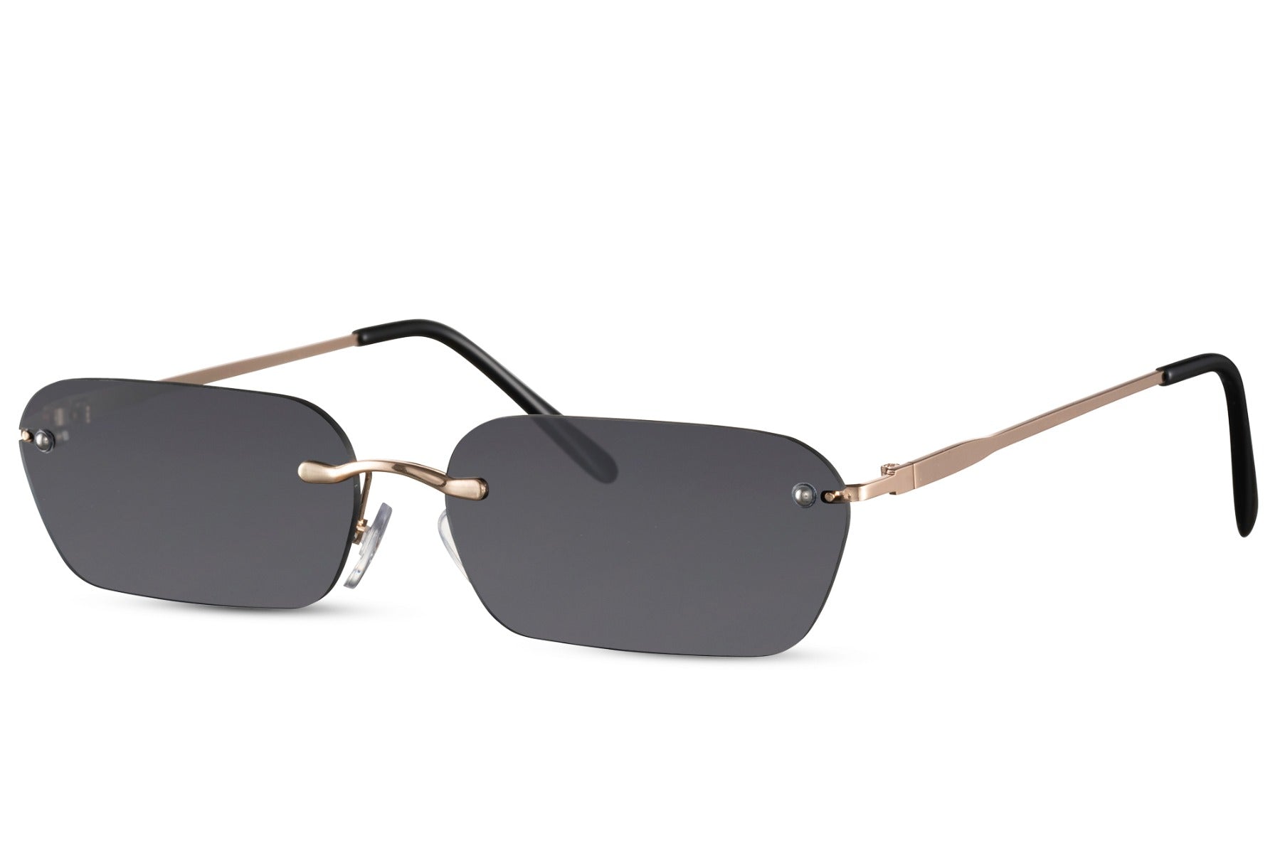 Sunglasses with gold frames and black lenses on a white background