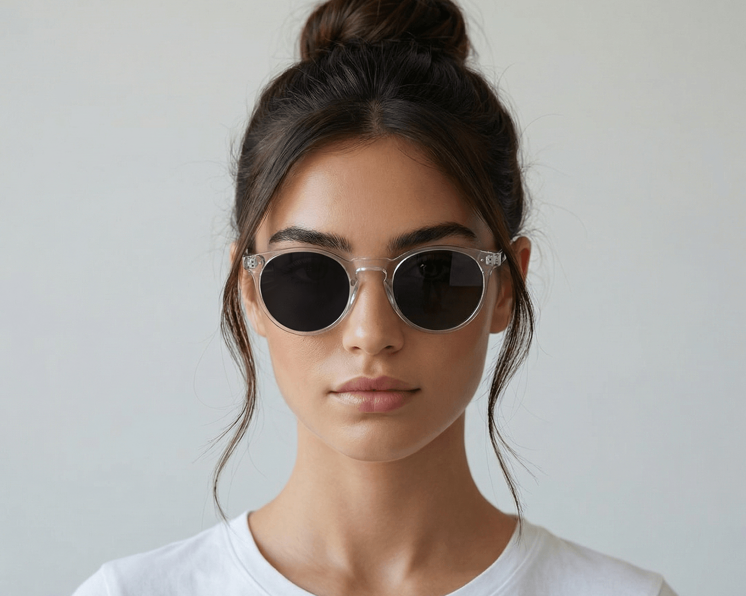 Woman wearing round sunglasses against a plain background clear
