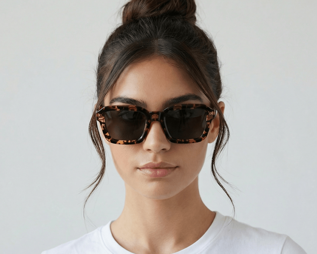 Woman wearing leopard print sunglasses against a plain background Tortoiseshell Leo