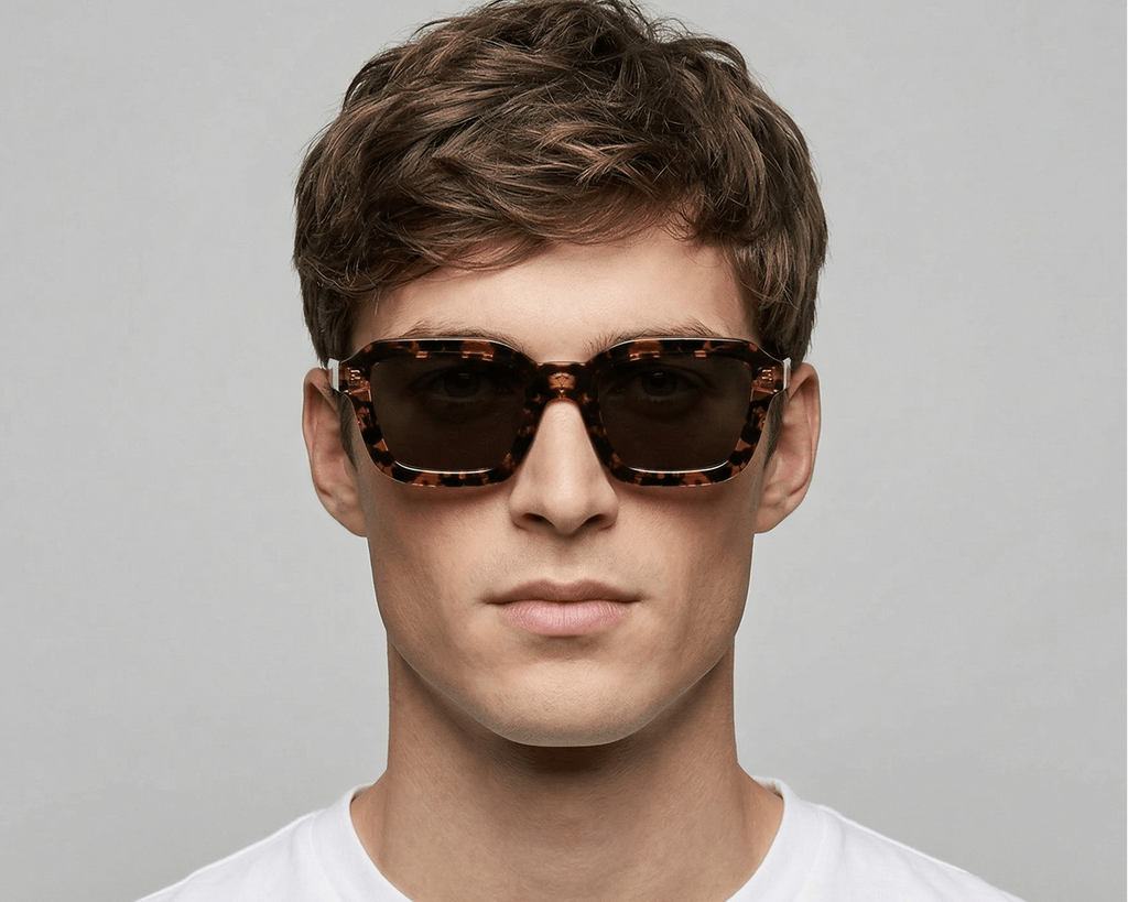 Man wearing tortoiseshell sunglasses against a gray background Tortoiseshell Leo
