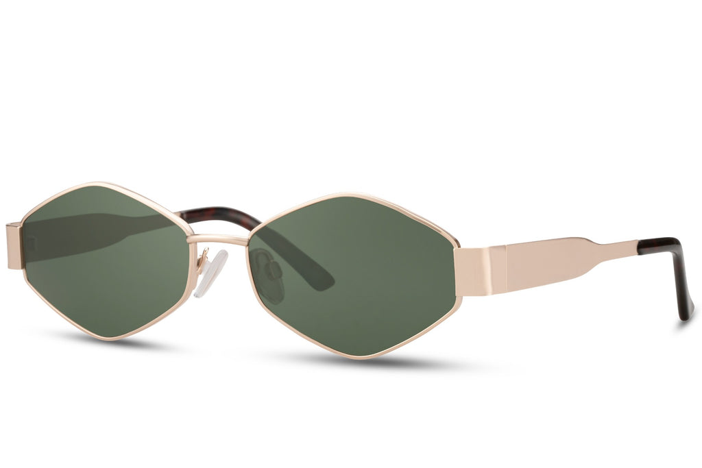 Sunglasses with gold frame and green lenses on a white background gold/green