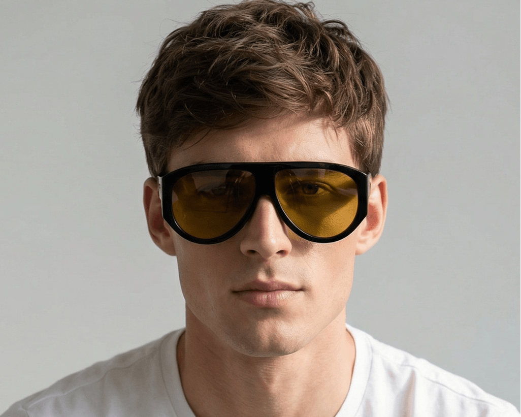 Man wearing yellow-tinted sunglasses against a plain background