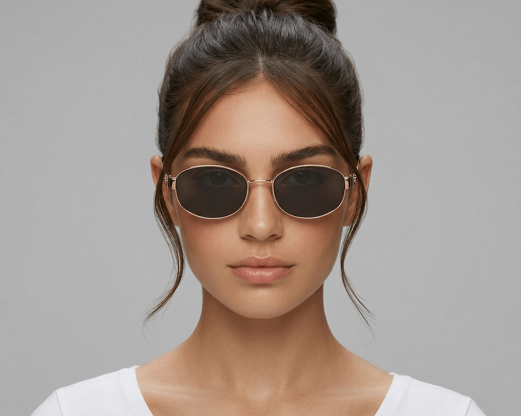 Woman wearing sunglasses with a plain background