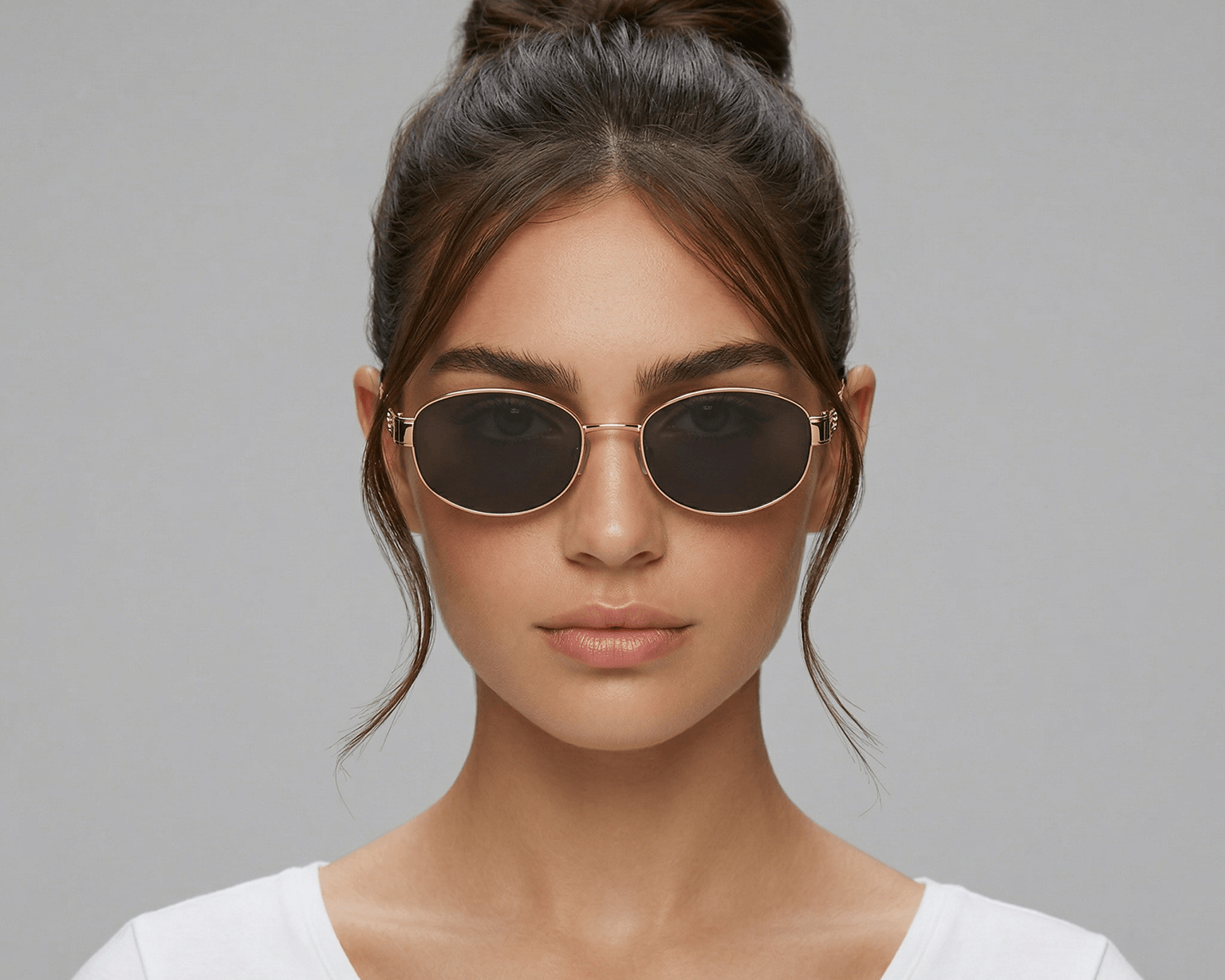 Woman wearing sunglasses with a plain background