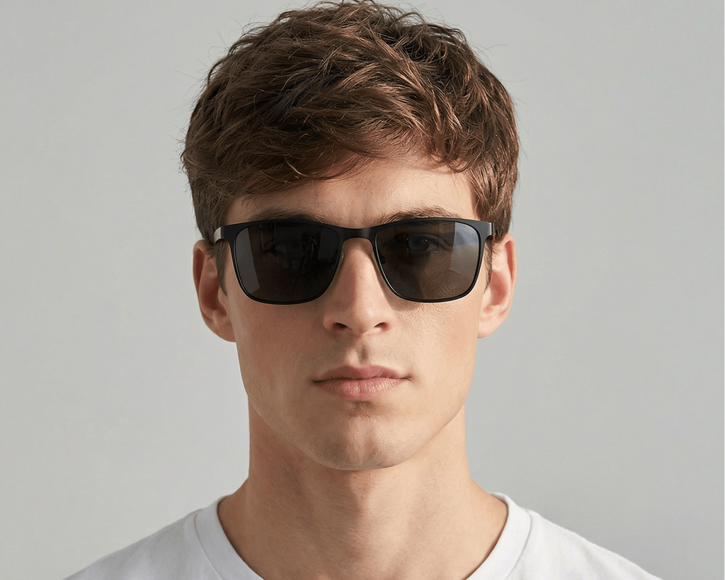 Man wearing dark sunglasses against a plain background