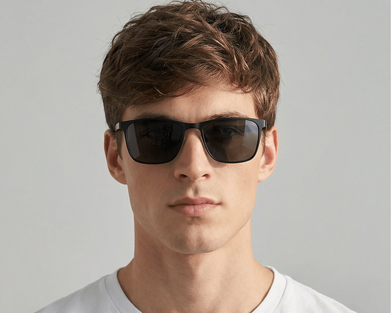 Man wearing dark sunglasses against a plain background