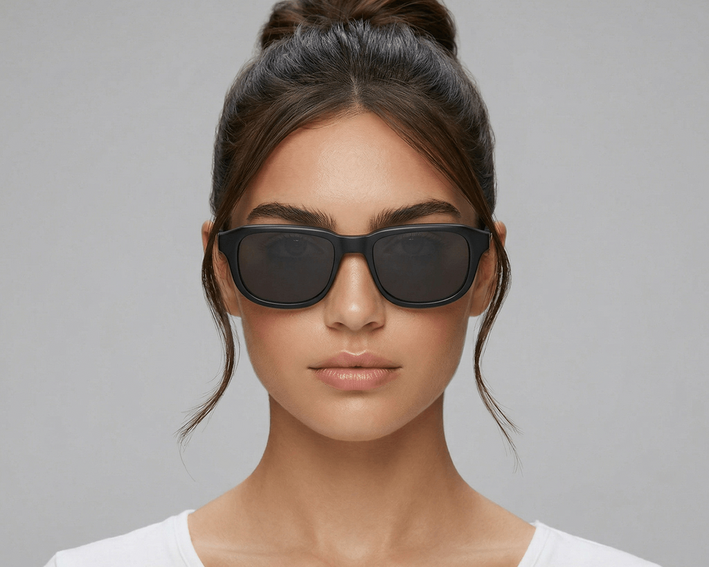Woman wearing black sunglasses against a gray background