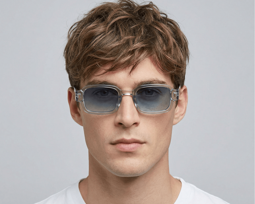 Man wearing sunglasses with a plain background Clear blue