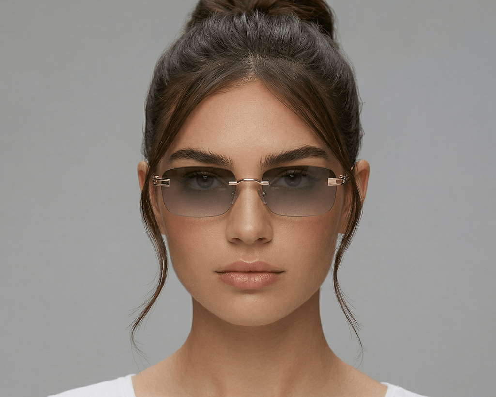 Woman wearing sunglasses with a plain gray background