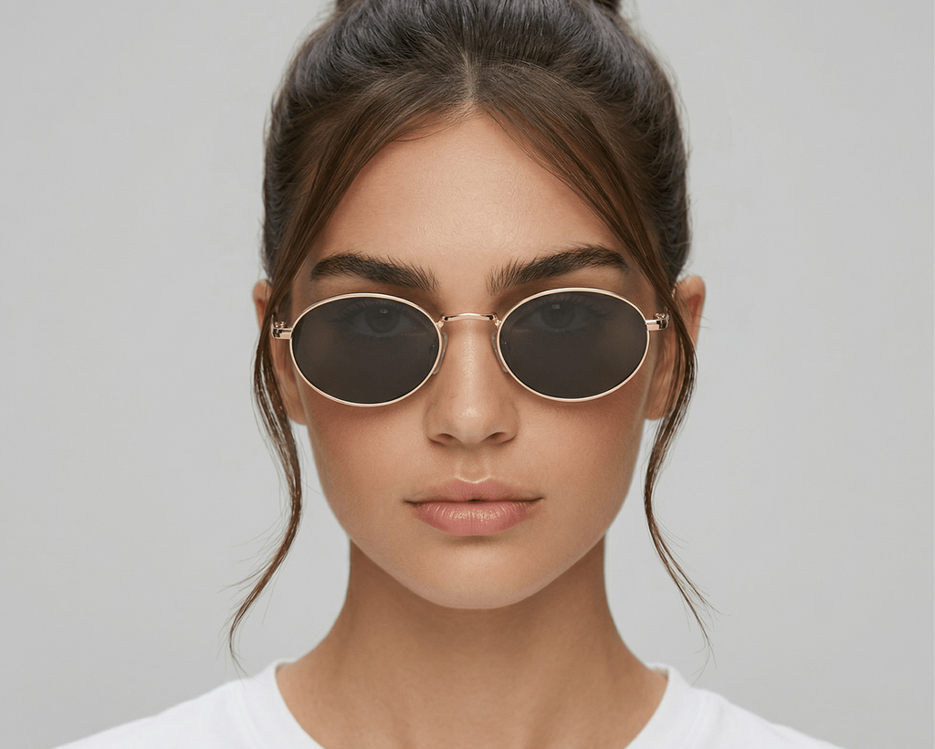 Woman wearing round sunglasses with a plain background