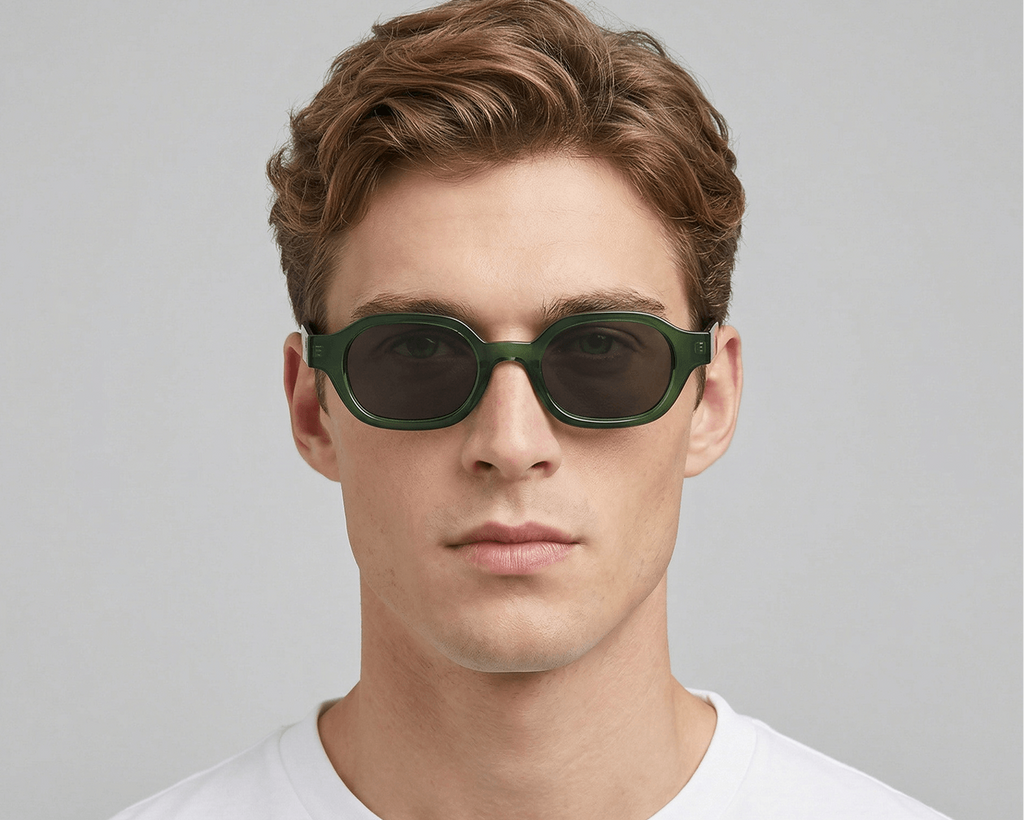 Man wearing green sunglasses against a gray background Clear green