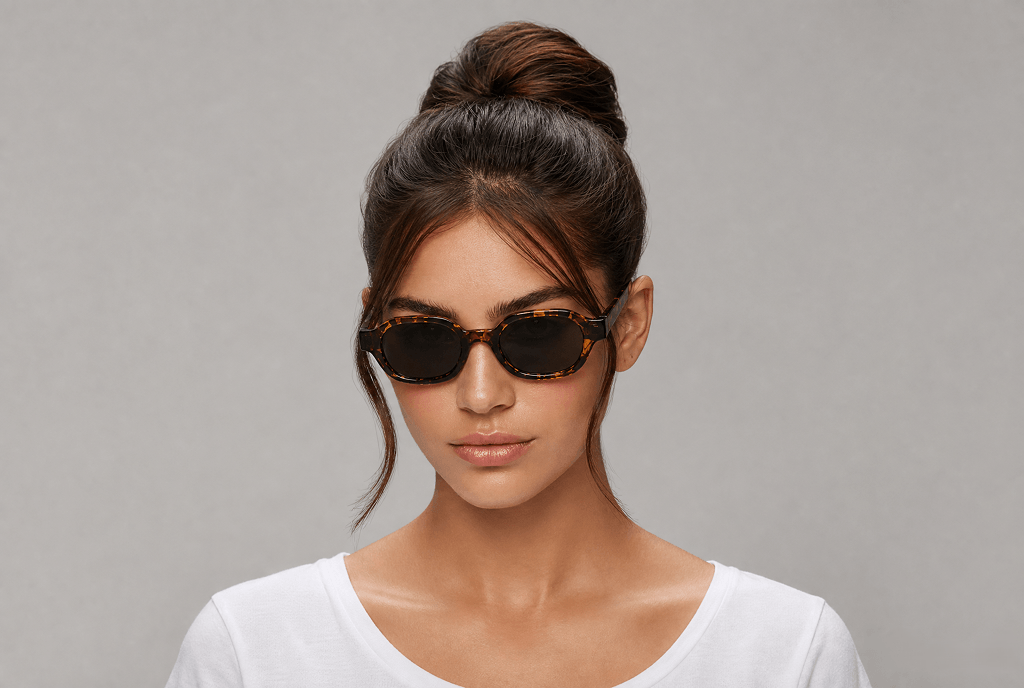 Woman wearing sunbee TERO sunglasses with a gray background Tortoiseshell