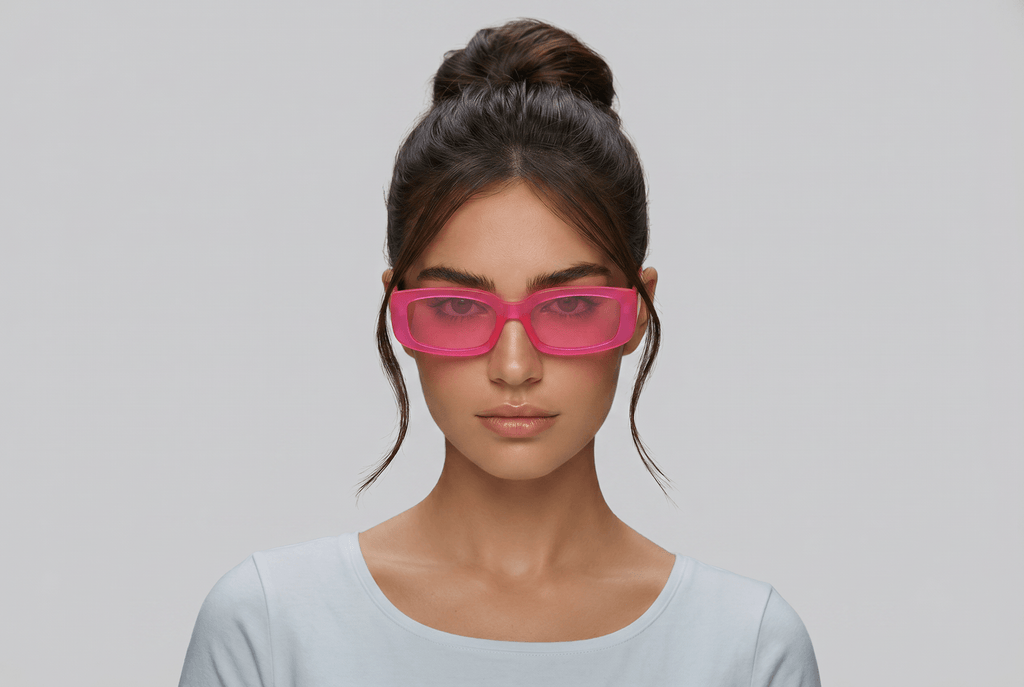 Woman wearing pink sunglasses against a gray background